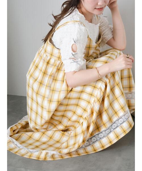 ehka sopo(エヘカソポ)の「レース付きチェックキャミワンピース(ワンピース・レディース・イエロー/グリーン/サックスブルー・F)」の3枚目の写真