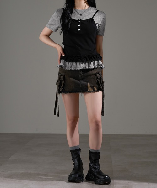 apres jour mignon（アプレジュールミニョン）の「レイヤードトップス【ZOZOTOWN限定アイテム】（Tシャツ/カットソー・レディース・グレー/レッド/ブラック/ブラック系その他・フリー）」の8枚目の写真