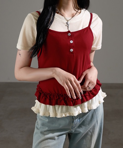 apres jour mignon（アプレジュールミニョン）の「レイヤードトップス【ZOZOTOWN限定アイテム】（Tシャツ/カットソー・レディース・グレー/レッド/ブラック/ブラック系その他・フリー）」の11枚目の写真