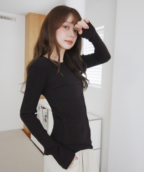セール】【Eclat one】2WAY リブ編み クルーネック カーディガン