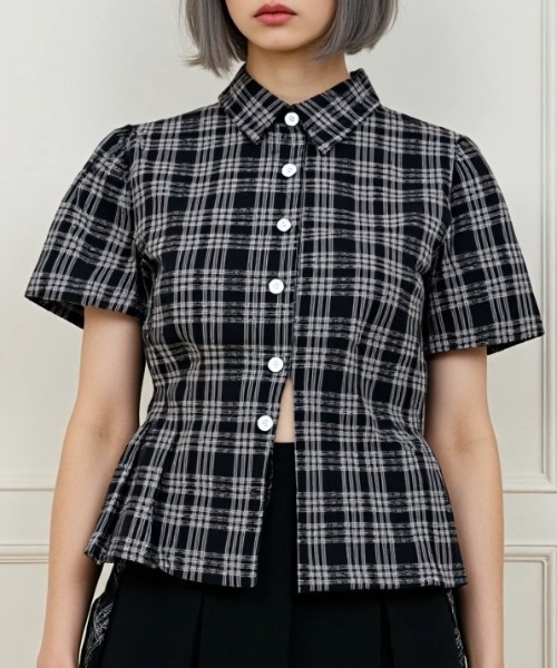 .KOM(ドットコム)の「A'GEM/9 × .kom 『.KOM/ドットケーオーエム』チェックドロストシャツ(シャツ/ブラウス・レディース・オフホワイト/ブラック・FREE)」の3枚目の写真