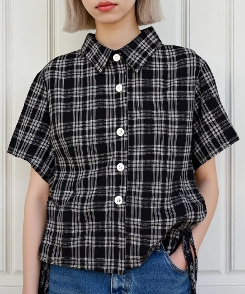 .KOM(ドットコム)の「A'GEM/9 × .kom 『.KOM/ドットケーオーエム』チェックドロストシャツ(シャツ/ブラウス・レディース・オフホワイト/ブラック・FREE)」の4枚目の写真