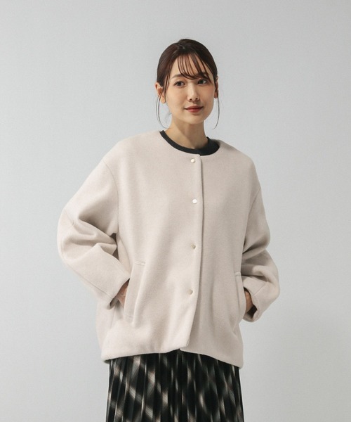 美品 エスロー ESLOW ウールコットン ノーカラーコクーンコート ゆったり9 美品 エスロー ESLOW ウールコットン ノーカラーコクーンコート