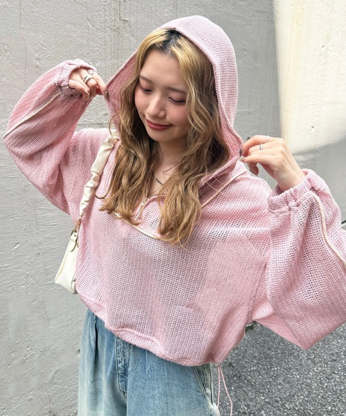 DOUBLE NAME（ダブルネーム）の「メッシュニットハーフZIPフーディー（Tシャツ/カットソー・レディース・ピンク/ブラック/オフホワイト・FREE）」の5枚目の写真