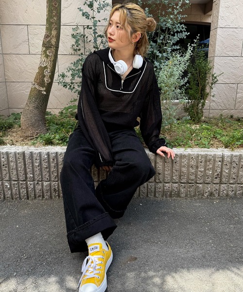 DOUBLE NAME（ダブルネーム）の「メッシュニットハーフZIPフーディー（Tシャツ/カットソー・レディース・ピンク/ブラック/オフホワイト・FREE）」の10枚目の写真