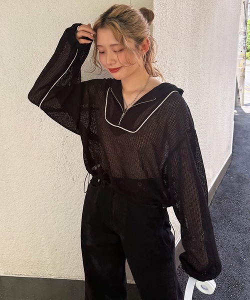 tシャツ メッシュニットハーフZIPフーディー レディース DOUBLE NAME（ダブルネーム）の「メッシュニットハーフZIP