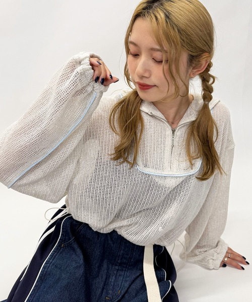 DOUBLE NAME（ダブルネーム）の「メッシュニットハーフZIPフーディー（Tシャツ/カットソー・レディース・ピンク/ブラック/オフホワイト・FREE）」の16枚目の写真