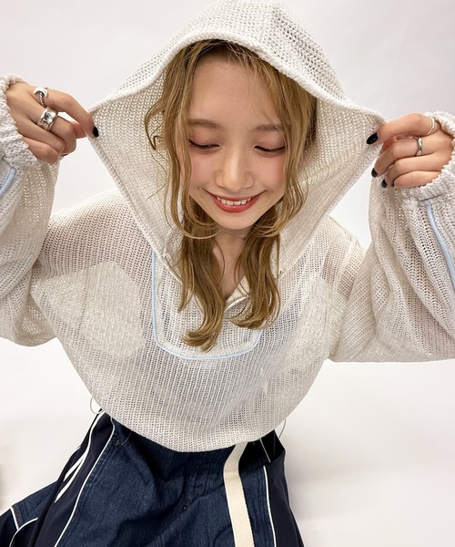 DOUBLE NAME（ダブルネーム）の「メッシュニットハーフZIPフーディー（Tシャツ/カットソー・レディース・ピンク/ブラック/オフホワイト・FREE）」の17枚目の写真