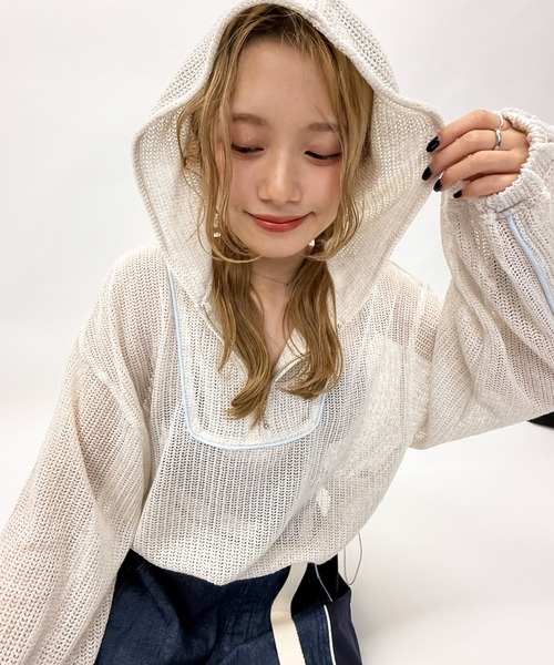 DOUBLE NAME（ダブルネーム）の「メッシュニットハーフZIPフーディー（Tシャツ/カットソー・レディース・ピンク/ブラック/オフホワイト・FREE）」の18枚目の写真