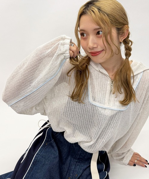 DOUBLE NAME（ダブルネーム）の「メッシュニットハーフZIPフーディー（Tシャツ/カットソー・レディース・ピンク/ブラック/オフホワイト・FREE）」の19枚目の写真