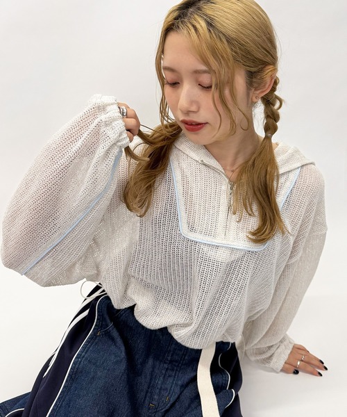 DOUBLE NAME（ダブルネーム）の「メッシュニットハーフZIPフーディー（Tシャツ/カットソー・レディース・ピンク/ブラック/オフホワイト・FREE）」の22枚目の写真