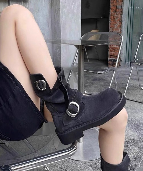 セール】【秋冬新作】ダブルバックル付き厚底スエードエンジニアブーツ