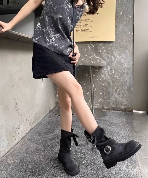 セール】【秋冬新作】ダブルバックル付き厚底スエードエンジニア