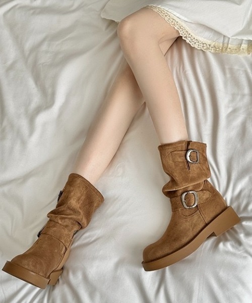 セール】【秋冬新作】ダブルバックル付き厚底スエードエンジニアブーツ