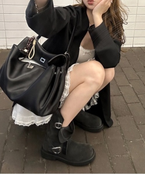 セール】【秋冬新作】ダブルバックル付き厚底スエードエンジニアブーツ