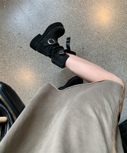 グレー スエード エンジニアブーツ バックル付き セール】【秋冬新作】ダブルバックル付き厚底スエードエンジニア