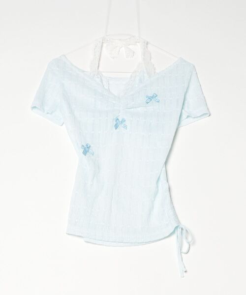 gossip!ロサンゼルス(ゴシップロサンゼルス)の「シアーレース レイヤードデザインシャーリングトップス(Tシャツ/カットソー・レディース・オフホワイト/ブルー・S)」の4枚目の写真