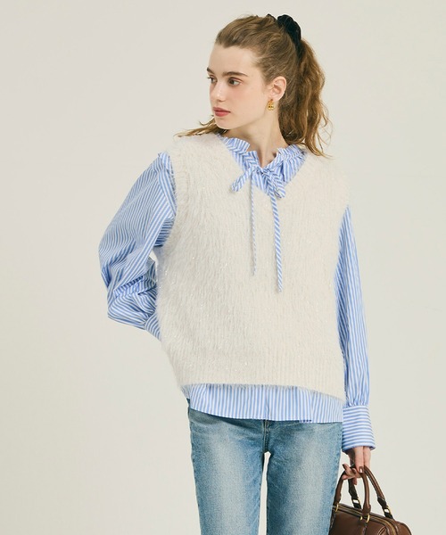 ラメふんわりシャギーVネックニットベスト（ベスト）｜coca（coca