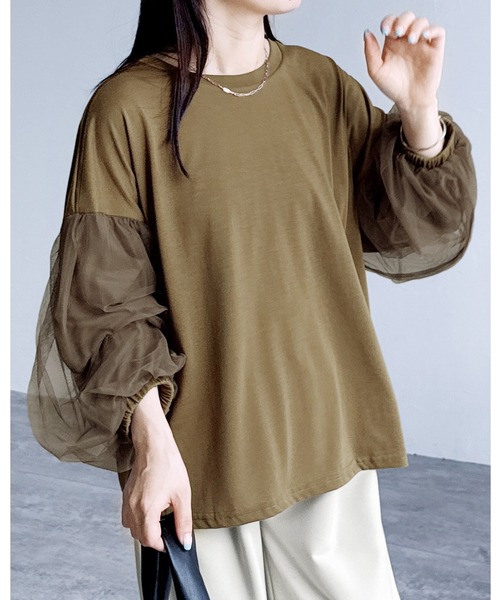 reca（レカ）の「チュールボリューム袖カットソー（Tシャツ/カットソー・レディース・オフホワイト/ブラック/ブラウン/ピンク・M-L）」の3枚目の写真