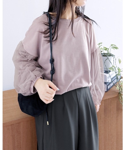 reca（レカ）の「チュールボリューム袖カットソー（Tシャツ/カットソー・レディース・オフホワイト/ブラック/ブラウン/ピンク・M-L）」の4枚目の写真