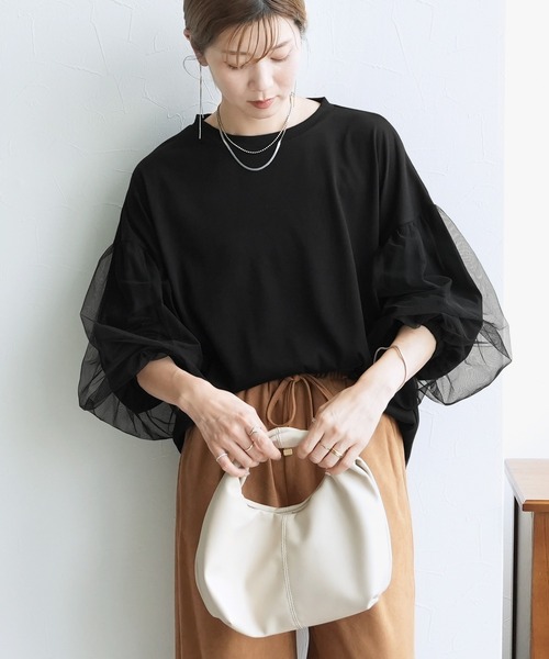 reca（レカ）の「チュールボリューム袖カットソー（Tシャツ/カットソー・レディース・オフホワイト/ブラック/ブラウン/ピンク・M-L）」の15枚目の写真