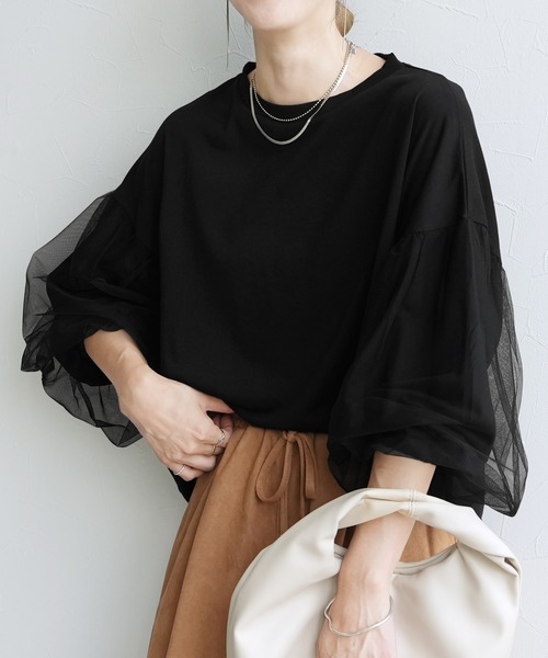 reca（レカ）の「チュールボリューム袖カットソー（Tシャツ/カットソー・レディース・オフホワイト/ブラック/ブラウン/ピンク・M-L）」の17枚目の写真