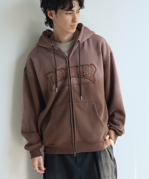 THRASHER（スラッシャー）の「【THRASHER/スラッシャー】裏起毛 ヴィンテージライクフェード加工 アップリケ刺繍 ダブルジップアップパーカー（パーカー・メンズ・ブラック/ブラウン/ピンク・M/L/XL）」の2枚目の写真