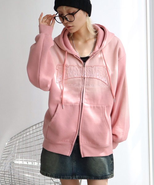 THRASHER（スラッシャー）の「【THRASHER/スラッシャー】裏起毛 ヴィンテージライクフェード加工 アップリケ刺繍 ダブルジップアップパーカー（パーカー・メンズ・ブラック/ブラウン/ピンク・M/L/XL）」の3枚目の写真