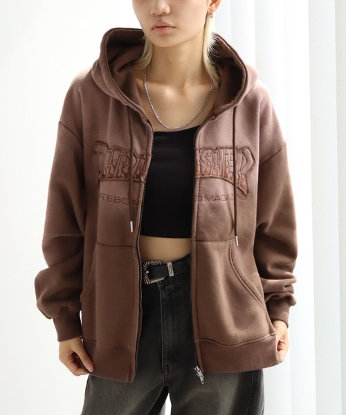 THRASHER（スラッシャー）の「【THRASHER/スラッシャー】裏起毛 ヴィンテージライクフェード加工 アップリケ刺繍 ダブルジップアップパーカー（パーカー・メンズ・ブラック/ブラウン/ピンク・M/L/XL）」の4枚目の写真