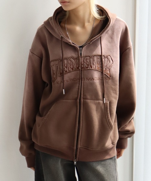 THRASHER（スラッシャー）の「【THRASHER/スラッシャー】裏起毛 ヴィンテージライクフェード加工 アップリケ刺繍 ダブルジップアップパーカー（パーカー・メンズ・ブラック/ブラウン/ピンク・M/L/XL）」の5枚目の写真