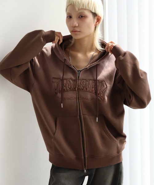 THRASHER（スラッシャー）の「【THRASHER/スラッシャー】裏起毛 ヴィンテージライクフェード加工 アップリケ刺繍 ダブルジップアップパーカー（パーカー・メンズ・ブラック/ブラウン/ピンク・M/L/XL）」の6枚目の写真