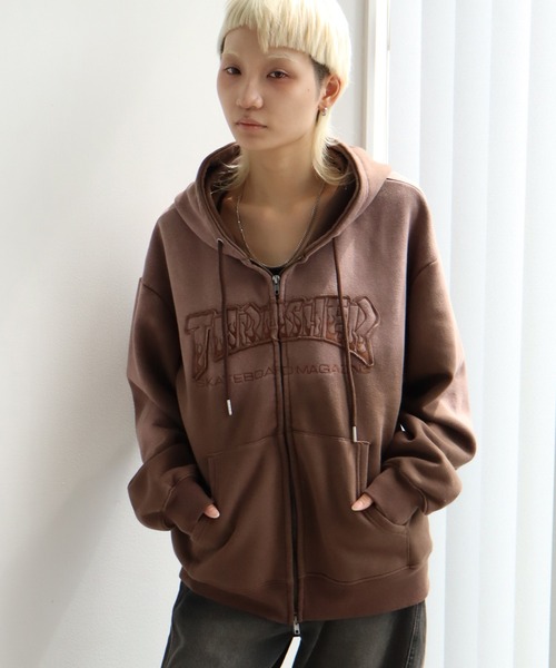 THRASHER（スラッシャー）の「【THRASHER/スラッシャー】裏起毛 ヴィンテージライクフェード加工 アップリケ刺繍 ダブルジップアップパーカー（パーカー・メンズ・ブラック/ブラウン/ピンク・M/L/XL）」の7枚目の写真