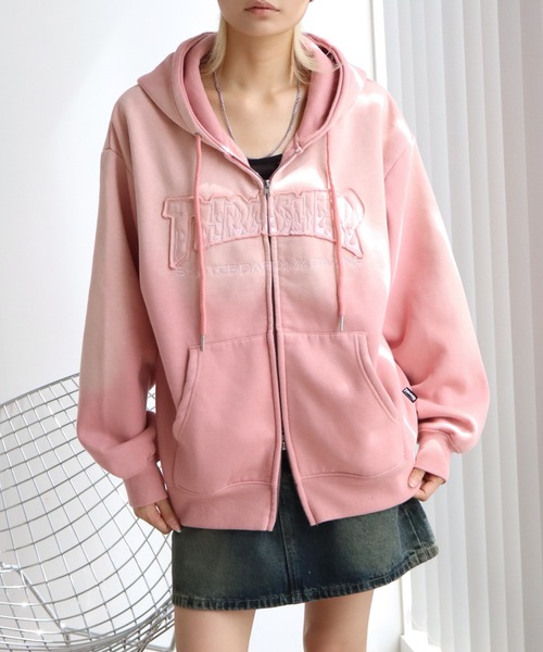 THRASHER（スラッシャー）の「【THRASHER/スラッシャー】裏起毛 ヴィンテージライクフェード加工 アップリケ刺繍 ダブルジップアップパーカー（パーカー・メンズ・ブラック/ブラウン/ピンク・M/L/XL）」の12枚目の写真