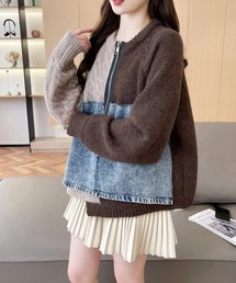 デニムパネルツインテクスチャーハーフジッパーニット