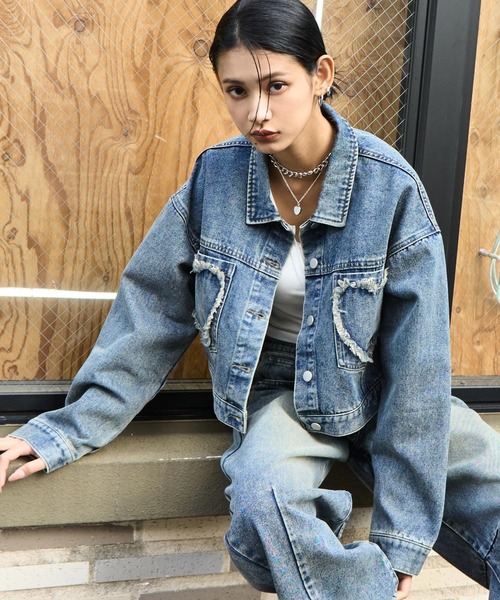 ANAP（アナップ）の「ハートフリンジ パッチポケット クロップド デニム ジャケット（デニムジャケット・レディース・ブラック/ブルー・F）」の8枚目の写真