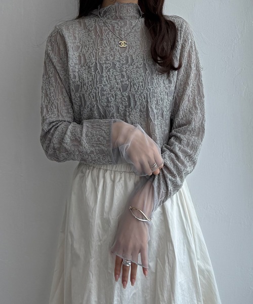 LBC（エルビーシー）の「ジャカード切り替えシアーロンT（Tシャツ/カットソー・レディース・ホワイト/ブラック/カーキ/グレー・M/L）」の3枚目の写真