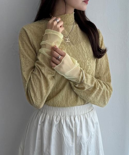 LBC（エルビーシー）の「ジャカード切り替えシアーロンT（Tシャツ/カットソー・レディース・ホワイト/ブラック/カーキ/グレー・M/L）」の4枚目の写真