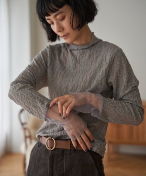 LBC（エルビーシー）の「ジャカード切り替えシアーロンT（Tシャツ/カットソー・レディース・ホワイト/ブラック/カーキ/グレー・M/L）」の8枚目の写真