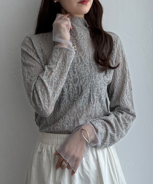 LBC（エルビーシー）の「ジャカード切り替えシアーロンT（Tシャツ/カットソー・レディース・ホワイト/ブラック/カーキ/グレー・M/L）」の5枚目の写真