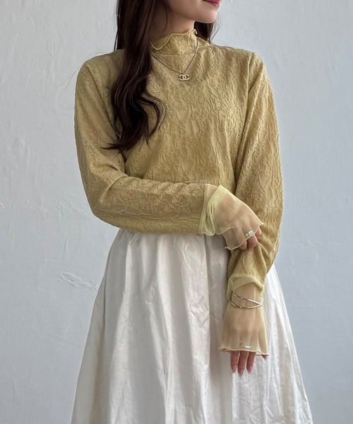 LBC（エルビーシー）の「ジャカード切り替えシアーロンT（Tシャツ/カットソー・レディース・ホワイト/ブラック/カーキ/グレー・M/L）」の11枚目の写真