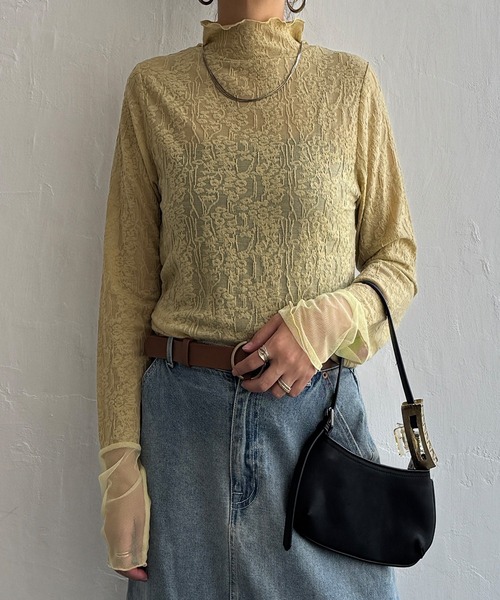 LBC（エルビーシー）の「ジャカード切り替えシアーロンT（Tシャツ/カットソー・レディース・ホワイト/ブラック/カーキ/グレー・M/L）」の10枚目の写真