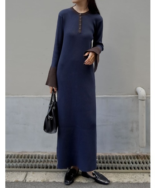 2025AW COLLECTION][低身長サイズ有]配色or無地ヘンリーネックフレア