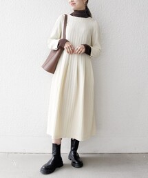 SHIPS any:〈手洗い可能〉ジャカード ウエスト タック ノーカラー ワンピース［NAVY BLUE］