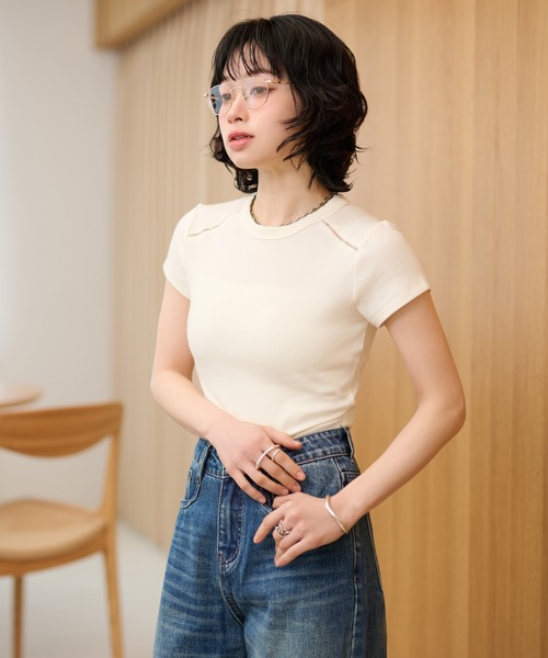 LAULEN(ローレン)の「openwork french sleeve tee /オープンワークフレンチスリーブTシャツ(Tシャツ/カットソー・レディース・ブラウン/ホワイト/ブラック・FREE)」の4枚目の写真