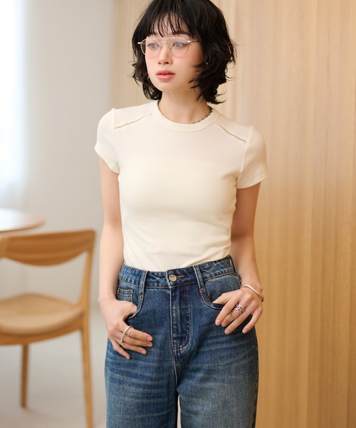 LAULEN(ローレン)の「openwork french sleeve tee /オープンワークフレンチスリーブTシャツ(Tシャツ/カットソー・レディース・ブラウン/ホワイト/ブラック・FREE)」の5枚目の写真