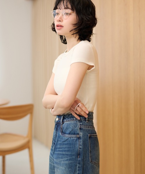 LAULEN(ローレン)の「openwork french sleeve tee /オープンワークフレンチスリーブTシャツ(Tシャツ/カットソー・レディース・ブラウン/ホワイト/ブラック・FREE)」の6枚目の写真