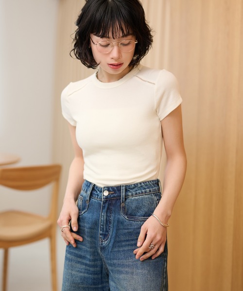 LAULEN(ローレン)の「openwork french sleeve tee /オープンワークフレンチスリーブTシャツ(Tシャツ/カットソー・レディース・ブラウン/ホワイト/ブラック・FREE)」の8枚目の写真