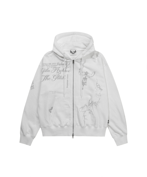 TATTOOED GRAPHIC HOOD ZIP-UP_WHITE（パーカー）｜GILAARCHIVE（ギラ
