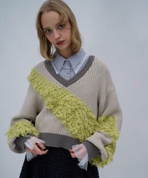 HARE | パッチワークVネックニットプルオーバー(HARE)(ニット/セーター)