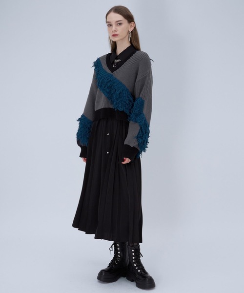 HARE（ハレ）の「パッチワークVネックニットプルオーバー(HARE)（ニット/セーター・レディース・ブルー/イエロー・FREE）」の5枚目の写真